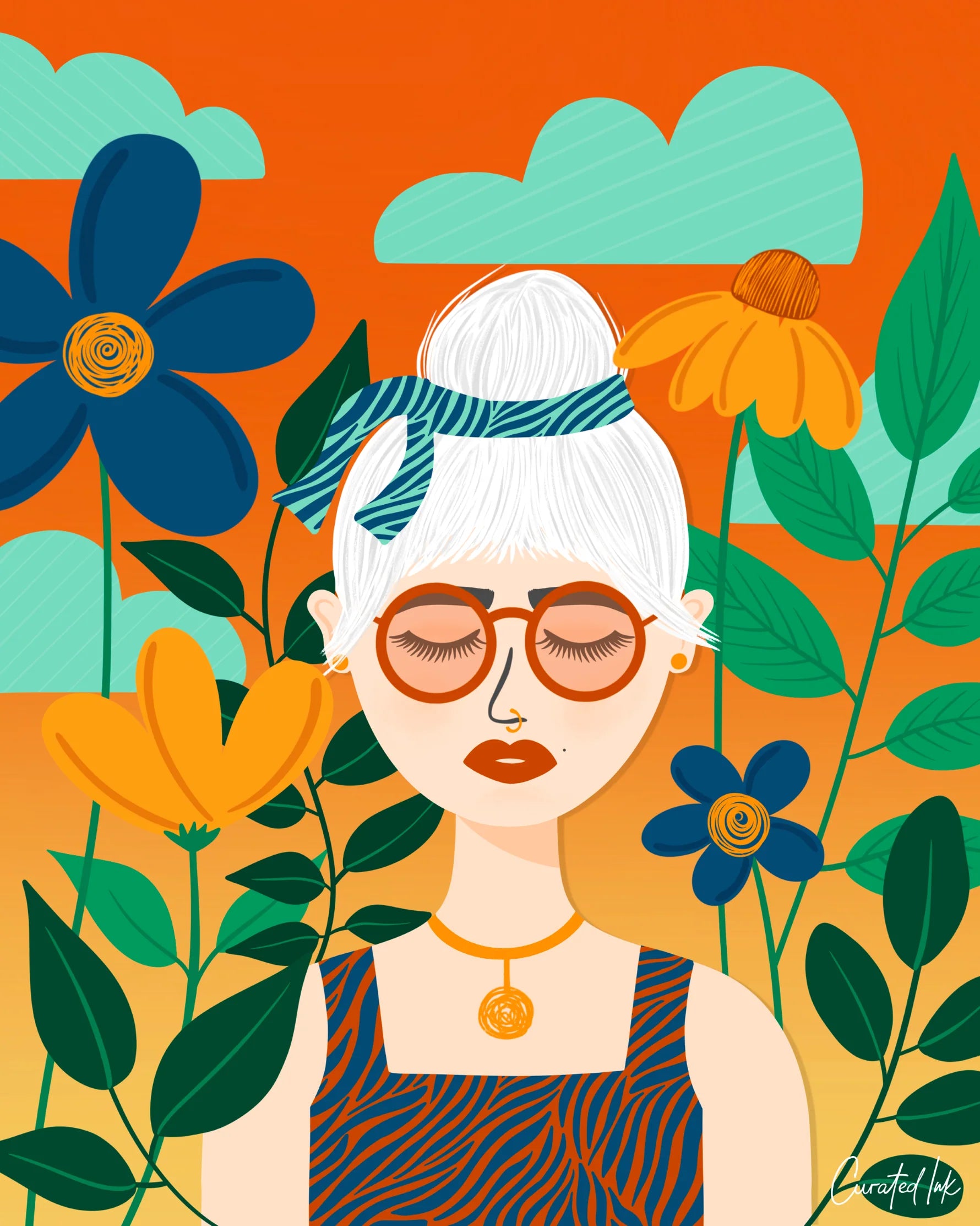 Stylized illustration of a woman with flowers