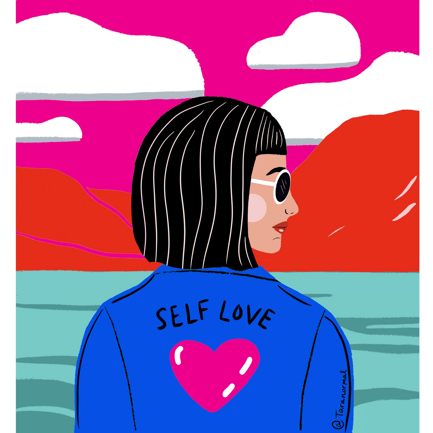 A drawing of a woman in a "SELF LOVE" jacket by the water.